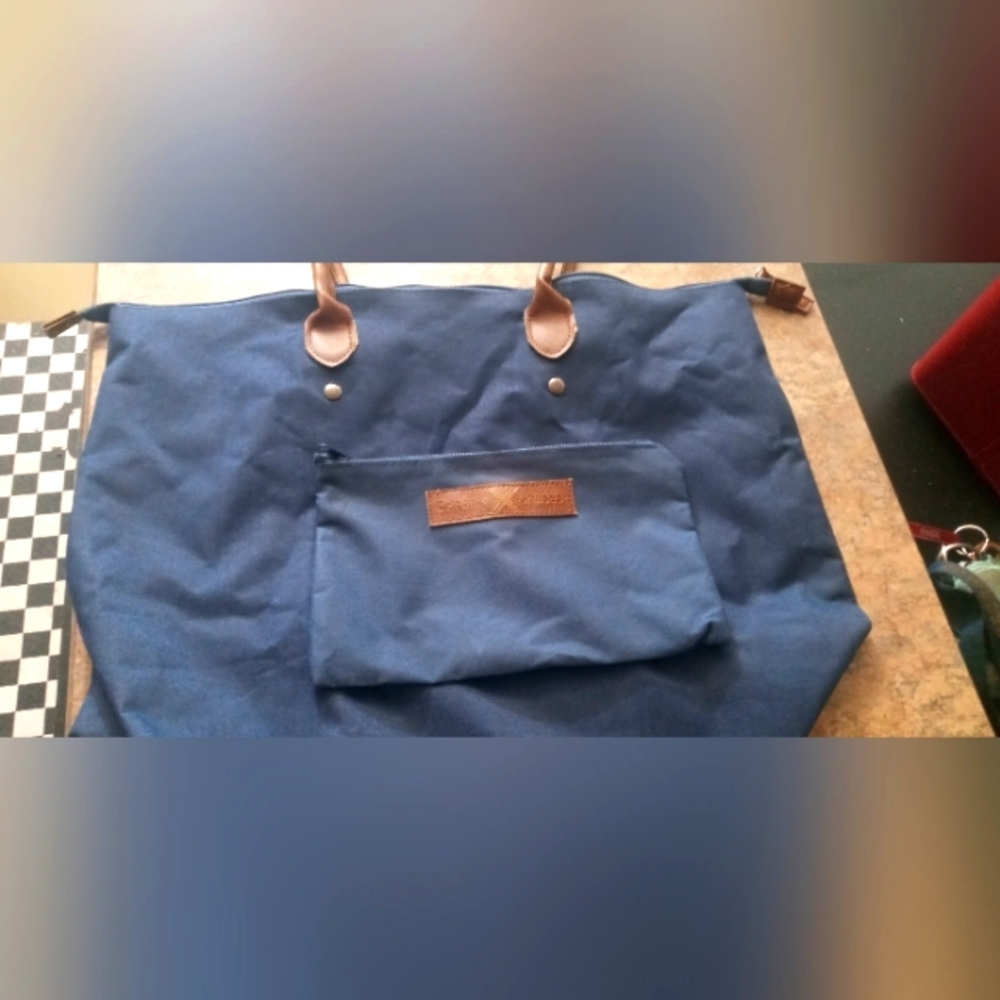Blue Canvas Tote Bag with Brown Handles set of #2